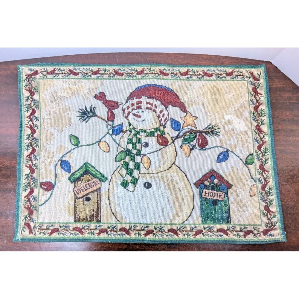 Vintage Christmas Snowman Cardinal Tapestry Placemats Set of 2 Holiday 19x13